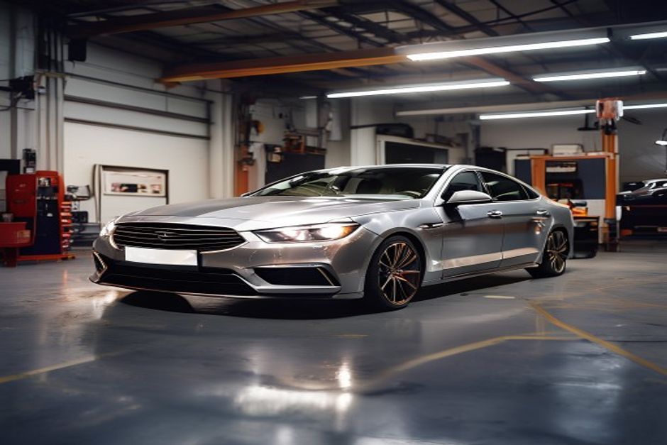 Modern car receiving professional insurance repair at JR Panel and Paint